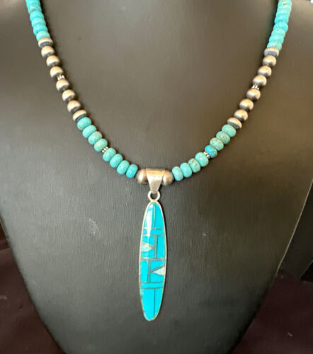 Navajo Blue Kingman Turquoise Opal Inlay Pendant | Sterling Silver Necklace | Authentic Native American Handmade | 16645 - Masha USA