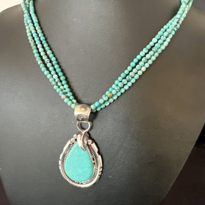 Navajo Blue Turquoise Pendant | Sterling Silver 3-Strand Bead Necklace | 17" | Authentic Native American Handmade | 15998