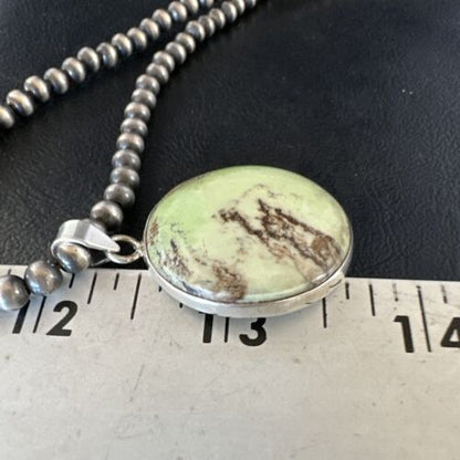 Navajo Green Gaspeite Pendant Necklace | Sterling Silver | Authentic Native American Handmade | 15492