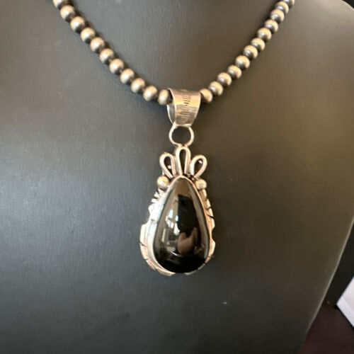Men's Navajo Pearls Black Onyx Necklace Pendant | Sterling Silver | Authentic Native American Handmade | 16530
