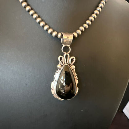 Men's Navajo Pearls Black Onyx Necklace Pendant | Sterling Silver | Authentic Native American Handmade | 16530