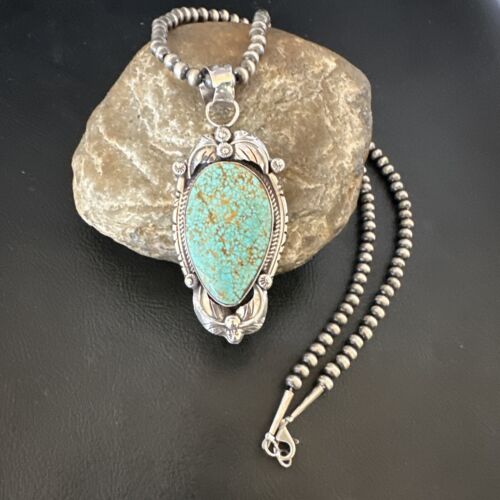 Navajo Blue Turquoise #8 Pendant | Sterling Silver Necklace with Pearls | Authentic Native American Handmade | 15898