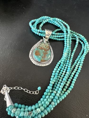 Blue Turquoise Pendant | Navajo Pearls | Sterling Silver Bead Necklace 17" | Multi-Strand | 15994