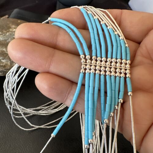 Navajo Blue Turquoise Necklace | 10-Strand | Sterling Liquid Silver Tube Heishi | 22" | 16449