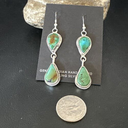 Navajo Green Royston Turquoise Dangle Earrings | Sterling Silver | Authentic Native American Handmade | 16492 - Masha USA