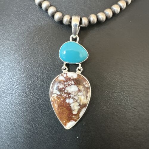 Navajo Wild Horse Blue Kingman Turquoise Necklace | Sterling Silver | Multi-Stone Pendant | 17315