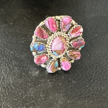 Navajo Purple Spiny Oyster Cluster Ring | Authentic Native American Sterling Silver | Multi-Stone | Sz 8 | 15053