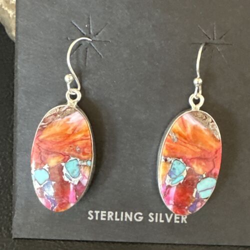 Navajo Blue Turquoise Red Spiny Oyster Inlay Dangle Earrings | Sterling Silver | Authentic Native American Handmade | 15562 - Masha USA