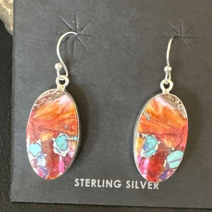 Navajo Blue Turquoise Red Spiny Oyster Inlay Dangle Earrings | Sterling Silver | Authentic Native American Handmade | 15562 - Masha USA