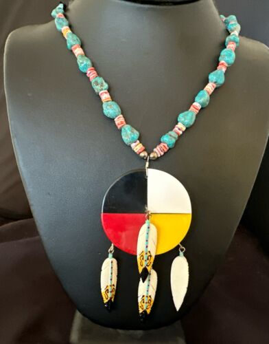 Santo Domingo Multicolor Spiny Inlay Feather Pendant Necklace | Sterling Silver | 24" | 16856