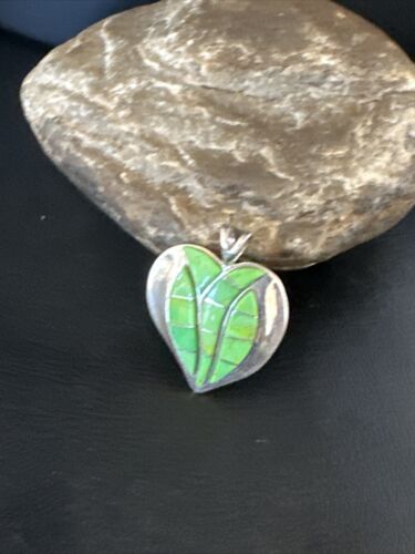 Navajo Green Gaspeite Heart Pendant Necklace | Sterling Silver Inlay | Authentic Native American Handmade | 15192
