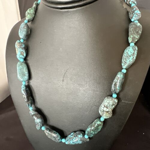 Navajo Blue Nugget Turquoise Bead Necklace | Sterling Silver Pearls | 20" | Authentic Native American Handmade | 16003