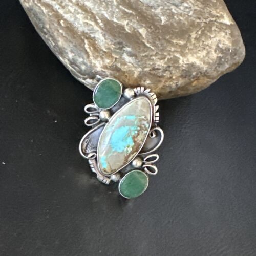 Navajo Green Turquoise Cluster Ring | Authentic Native American Sterling Silver | Multi-Stone | Sz 9 | 14843