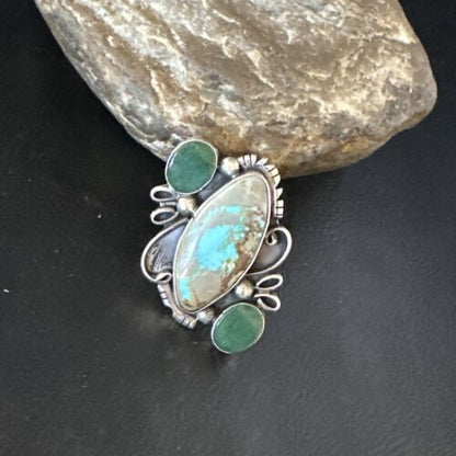 Navajo Green Turquoise Cluster Ring | Authentic Native American Sterling Silver | Multi-Stone | Sz 9 | 14843