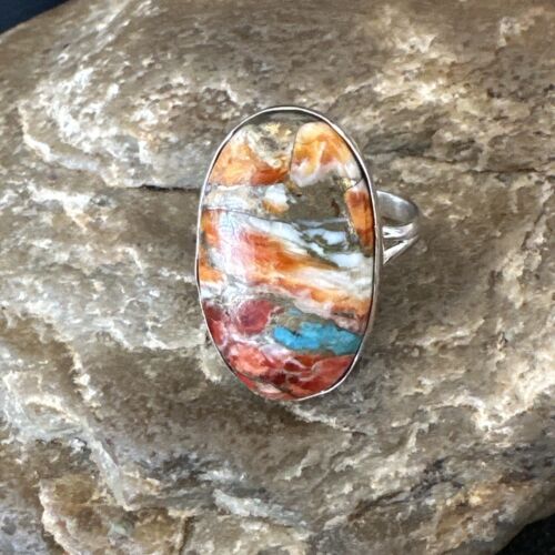 Navajo Turquoise Spiny Oyster Ring | Sterling Silver | Sz 8 | Authentic Native American Handmade | 16615 - Masha USA