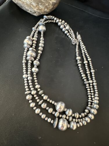 Navajo Pearls Mixed Bead Bib Necklace | Sterling Silver | 3-Strand | 20" | Authentic Native American Handmade | 14954