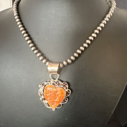 Navajo Orange Spiny Oyster Heart Pendant Necklace | Sterling Silver | Authentic Native American Handmade | 16552