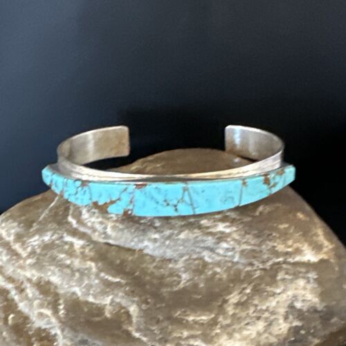 Navajo Men's Blue Turquoise Inlay Bracelet | Sterling Silver | Authentic Native American Handmade | 15062