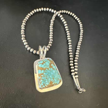Men's Blue #8 Turquoise Pendant Necklace | Navajo Sterling Silver | Authentic Native American Handmade | 14973