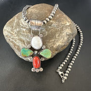 Navajo Green White Turquoise | Coral Pendant Necklace | Sterling Silver | Native American Handmade | 16831