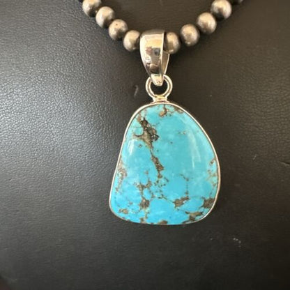 Navajo Blue Kingman Turquoise Pendant with Pearls | Sterling Silver Necklace | 20" | 17008