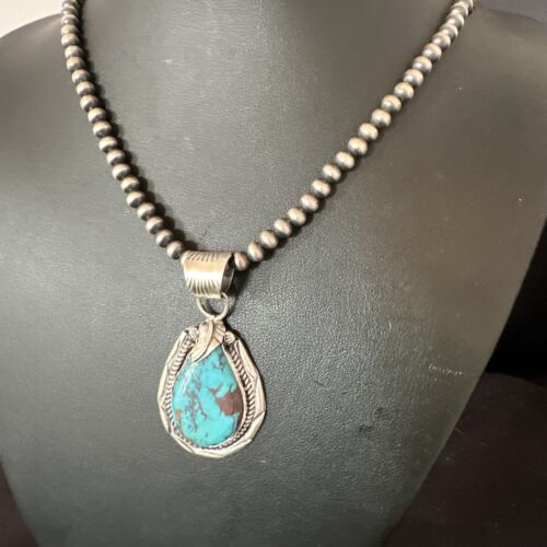 Navajo Blue Kingman Turquoise Pendant Necklace | Sterling Silver Pearls | Authentic Native American Handmade | 16024
