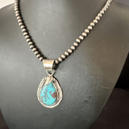 Navajo Blue Kingman Turquoise Pendant Necklace | Sterling Silver Pearls | Authentic Native American Handmade | 16024