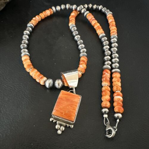 Navajo Pearls Necklace with Orange Spiny Oyster Pendant | Sterling Silver | Authentic Native American Handmade | 17050