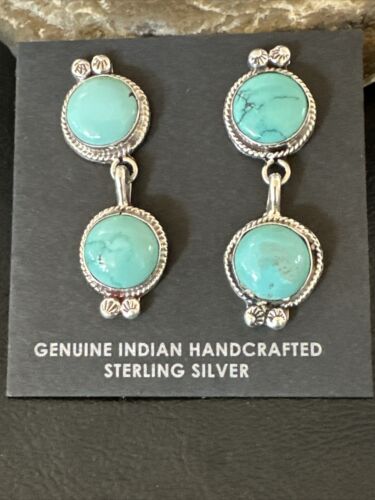 Navajo Blue Green Turquoise Dangle Earrings | Sterling Silver | 1.5" | Authentic Native American Handmade | 17388