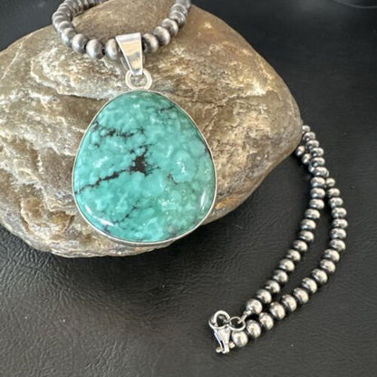 Men's Navajo Blue Spiderweb Turquoise Pendant Necklace | Sterling Silver | Authentic Native American Handmade | 16201