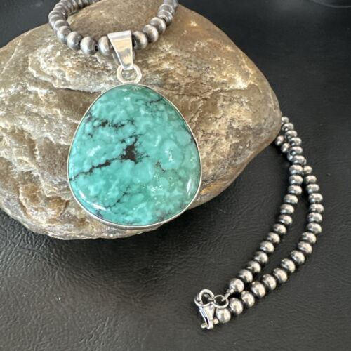 Men's Navajo Blue Spiderweb Turquoise Pendant Necklace | Sterling Silver | Authentic Native American Handmade | 16201