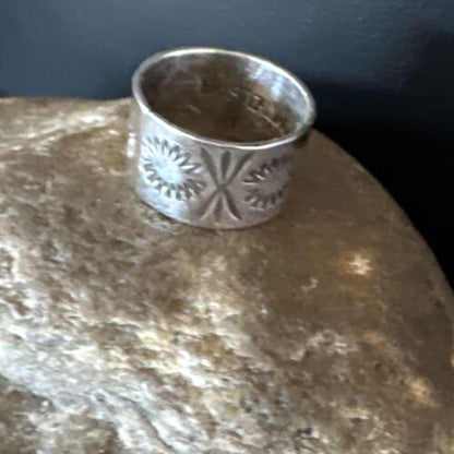 Navajo Stamped Wide Band Ring | Sterling Silver | Sz 5 | Authentic Native American Handmade | 15295