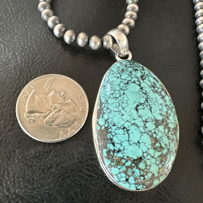 Men's Navajo Blue Spiderweb Turquoise Pendant Necklace | Sterling Silver | Authentic Native American Handmade | 16194
