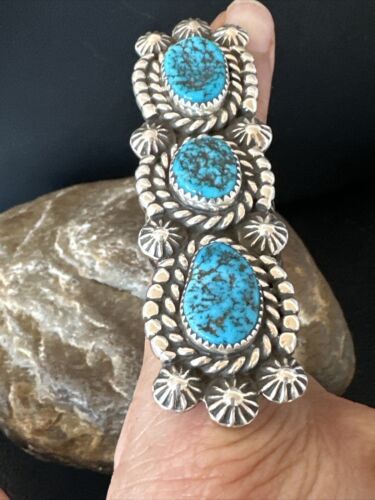 Navajo Blue Kingman Turquoise Cluster Ring | Authentic Native American Sterling Silver | Multi-Stone | Sz 9 | 16322