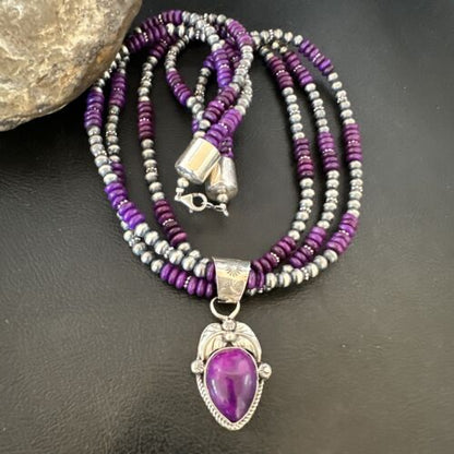 Navajo Sugilite Bead Necklace Set | 3 Strands | Sterling Silver | 21" | Authentic Native American Handmade | 16792