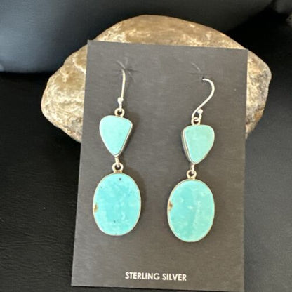 Navajo Blue Kingman Turquoise Dangle Earrings | Sterling Silver | Authentic Native American Handmade | 15107