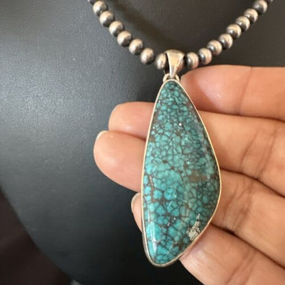 Men's Navajo Blue Spiderweb Turquoise Pendant Necklace | Sterling Silver | Authentic Native American Handmade | 16221
