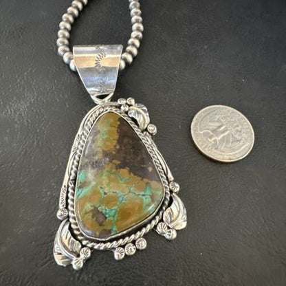 Men's Navajo Green Turquoise Pendant Necklace | Sterling Silver | Authentic Native American Handmade | 17531