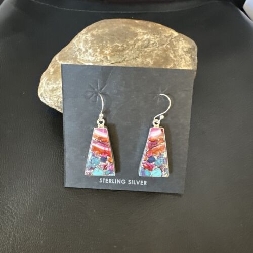 Navajo Blue Turquoise Red Spiny Oyster Inlay Dangle Earrings | Sterling Silver | Authentic Native American Handmade | 15577