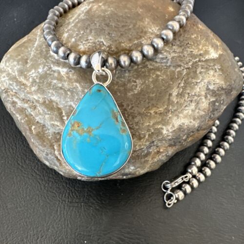 Navajo Blue Kingman Turquoise Pendant Necklace | Sterling Silver | 20" | Authentic Native American Handmade | 16674