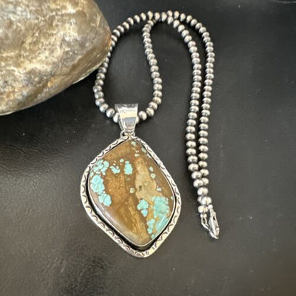 Navajo Blue Turquoise #8 Pendant | Sterling Silver Necklace with Pearls | Authentic Native American Handmade | 16349