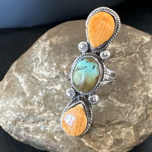 Navajo Green Turquoise Spiny Oyster Multi-Stone Ring | Authentic Native American Sterling Silver | Sz 10.5 | 16716