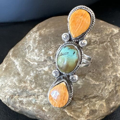 Navajo Green Turquoise Spiny Oyster Multi-Stone Ring | Authentic Native American Sterling Silver | Sz 10.5 | 16716
