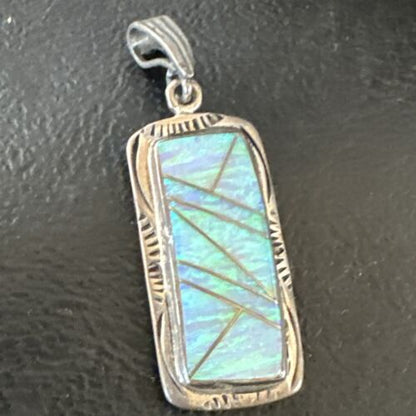 Navajo Blue Fire Opal Inlay Pendant | Sterling Silver | Authentic Native American Handmade | 16484