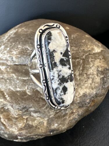 White Buffalo Turquoise Navajo Ring | Sterling Silver | Sz 9 | Authentic Native American Handmade | 16387