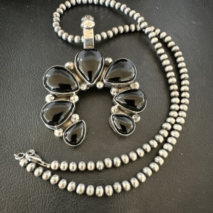 Men's Black Onyx Naja Pendant | Navajo Pearls Sterling Silver Necklace | Authentic Native American Handmade | 17070