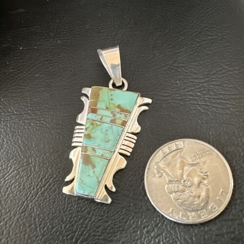 Navajo Blue #8 Turquoise Inlay Pendant | Sterling Silver | 2" | Authentic Native American Handmade | 15684