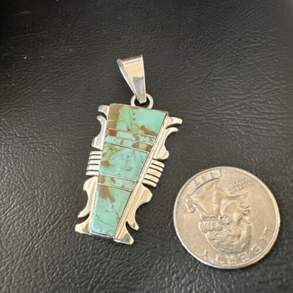 Navajo Blue #8 Turquoise Inlay Pendant | Sterling Silver | 2" | Authentic Native American Handmade | 15684