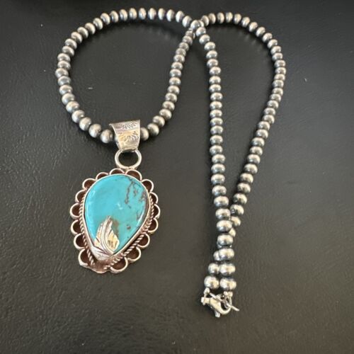 Navajo Blue Turquoise Pendant Necklace | Sterling Silver Pearls | Authentic Native American Handmade | 15651