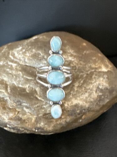 Navajo Blue Larimar Cluster Ring | Authentic Native American Sterling Silver | Multi-Stone | Sz 7.5 | 15978